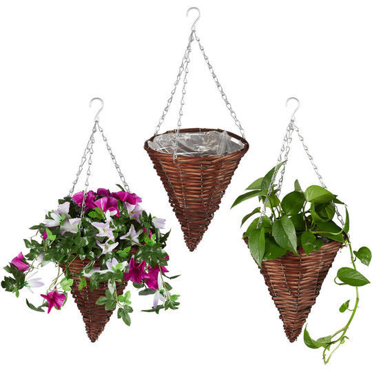 Set of 3 Hanging Plant Basket, Handmade Wicker, Willow Wood, with Foil, Flower Pots, HxØ: 30 x 25 cm, Brown - Relaxdays