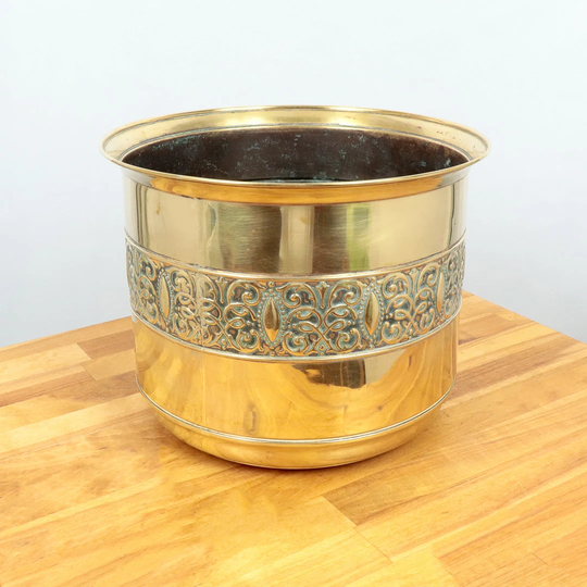 Flower Pot/Planter Container || Vintage Solid Brass Abstract Floral Ornaments On The Sides