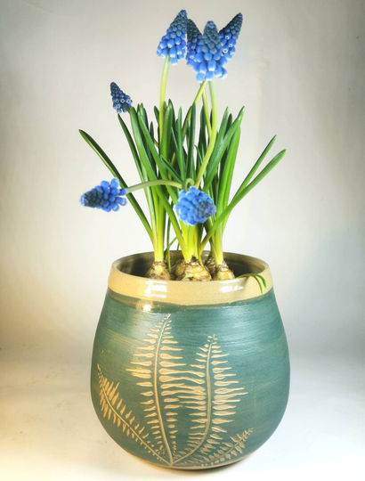 Handmade Planter With Carved Fern Decor, Suitable For Inside Or Outside