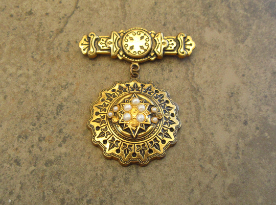 Vintage Taille D'epergne Enamel Seed Pearls Gold Filled Brooch Pin