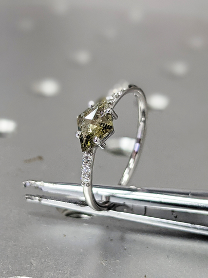 14K White Gold Alternative Diamond Engagement Ring Salt & Pepper Diamond, Kite Ring, Unique