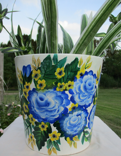 Beautiful Hand Painted Planter Amazing Blue Rose Hummingbirds Bluebird Special Green Foil Leaf + Gold Yellow Leaves Him Her Mom Treat You