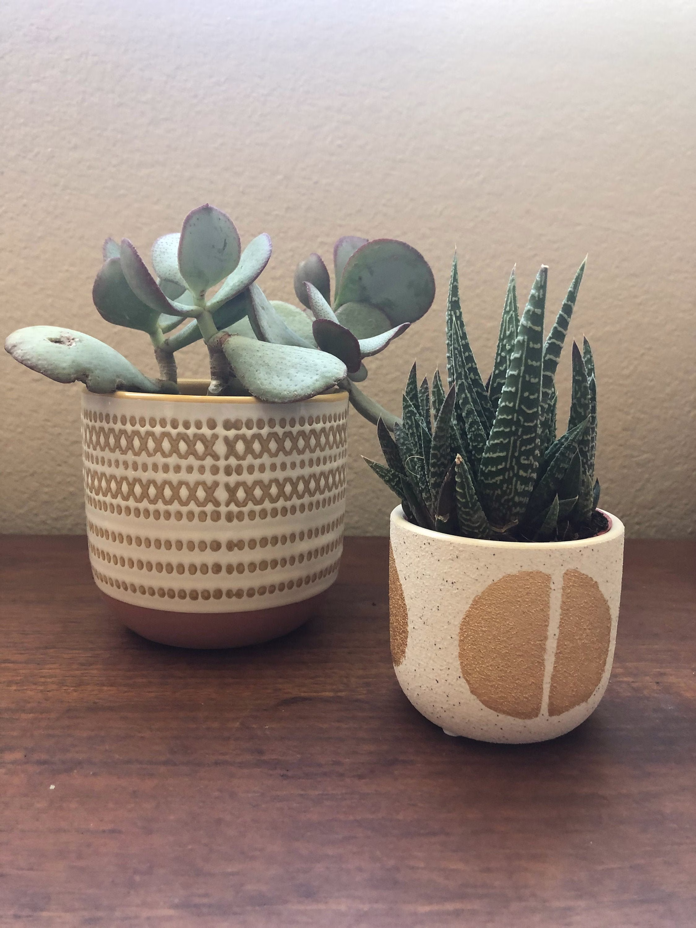 Beige Planter With Mustard Geometric Design