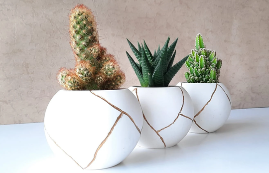 Kintsugi Planter, Housewarming Gifts, Pot Set, Cement Succulent Indoor Home Decor, Gift For Her