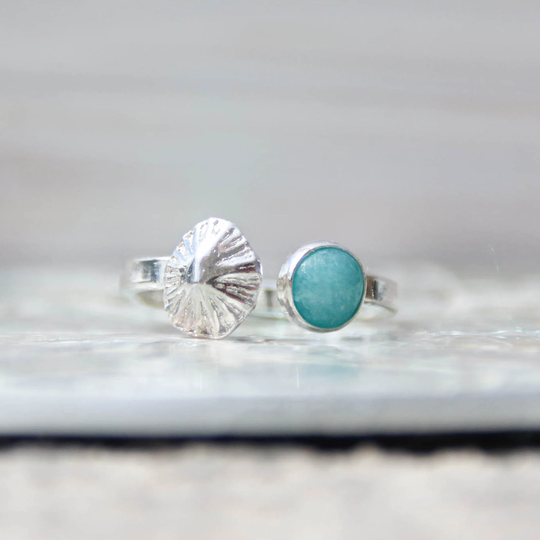 Salt & Flow - Saltwater Souls Fine Silver | .999 Limpet Shell Cast & Amazonite Gemstone Adjustable Hammered Sterling Ring