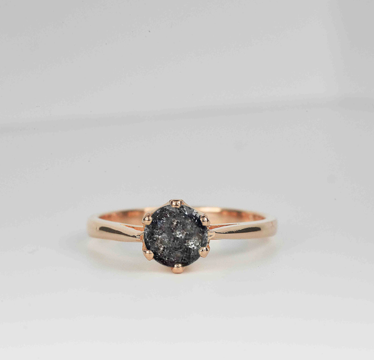 Salt & Pepper Diamond Six Prongs Dainty Engagement Ring | Round Galaxy Solitaire 9K/14K/18K Rose Gold Bridal Art Deco