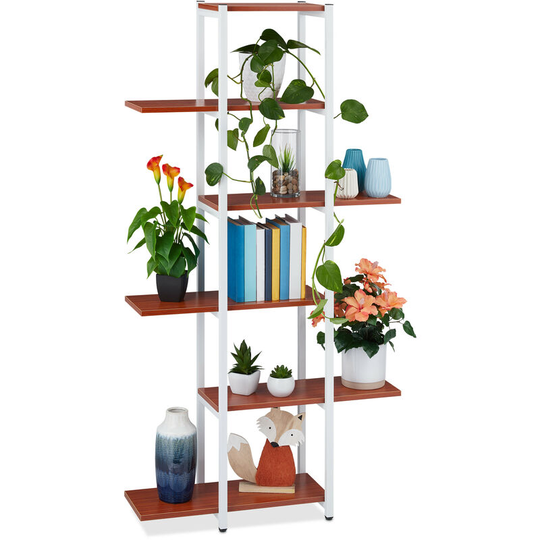 Relaxdays - Large Plant Rack, Modern Pot Holder with 6 Tiers, 150 x 78 x 24 cm, Black Metal Frame, mdf Shelving, Red-Brown