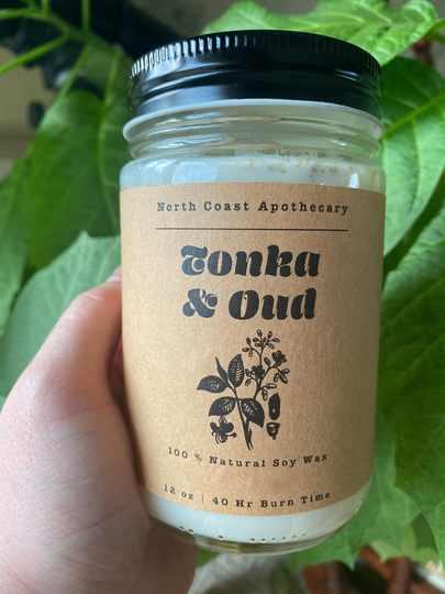 Tonka & Oud Candle | 16 Oz 40+ Hour Burn Time Natural Soy Wax Crystals, Herbs & Flowers