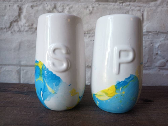 Handmade Salt & Pepper Shakers, Hand Painted China, Unique Wedding Favours, Yellow Blue Salt & Pepper Set, Novelty Housewarming Gift Boho