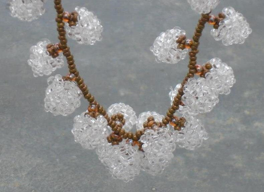Old Man's Beard Garland Necklace, Seed Bead Flower in Crystal, Bronze & Brown Czech Seed Beads, UK Seller