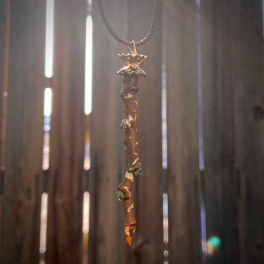 Elemental Alchemist's Wand | Wood & Stone Medicine Stick Magical Nature Pendant Peridot & Tiger's Eye