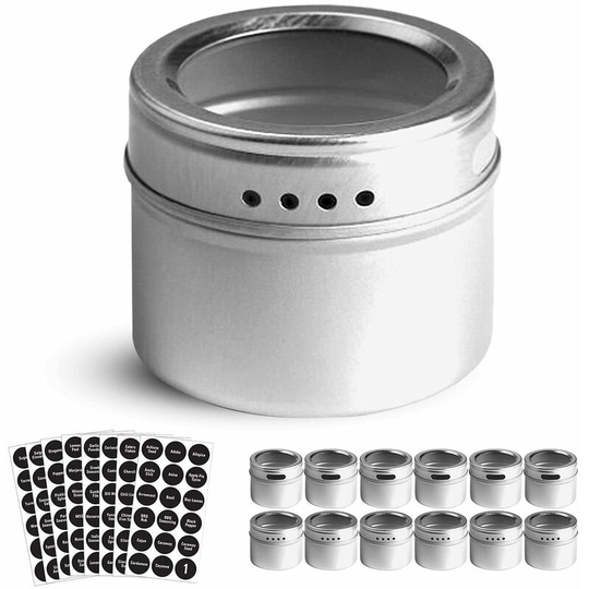 Lifcausal - Set of 12 Magnetic Spice Tins with 12 Window-Top Sift and Pour Lids, 144 Preprinted Seasoning Label Stickers for 3 oz Herb Jars (Silver)