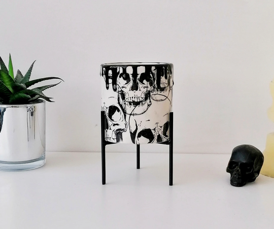 Skull Indoor Planter, Skulls Plant Stand, Ceramic Flower, Gothic Succulent Plants, Goth Cactus Stands, Weird Wonderful Ceramics, Black Gift