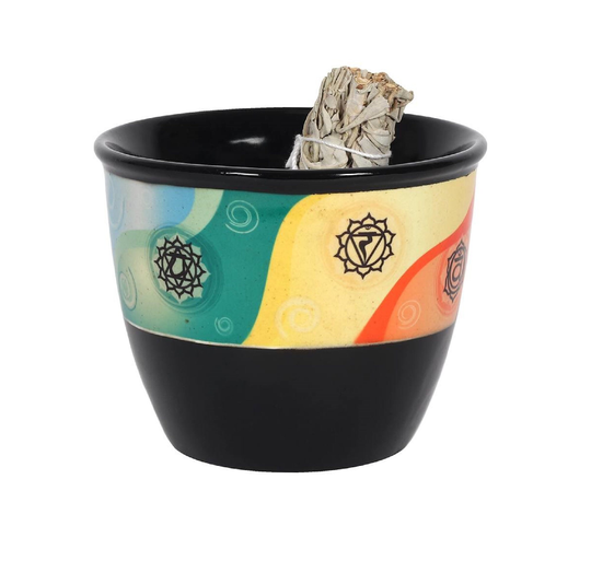 Black Ceramic Smudge Bowl Chakra Design