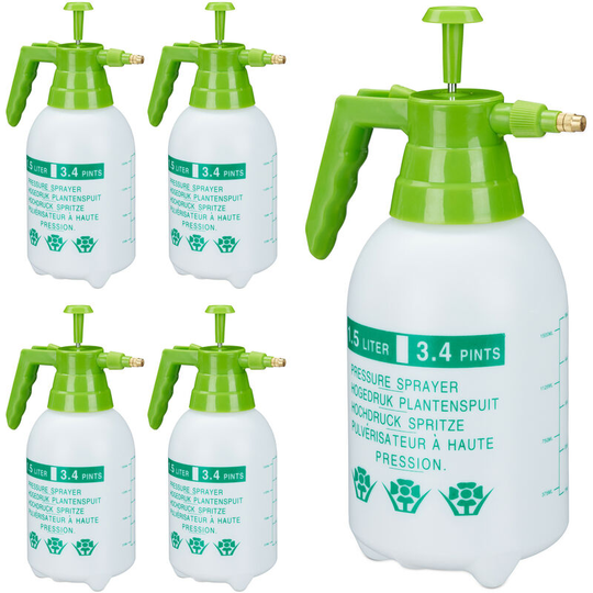Set of 5 Relaxdays Pressure Sprayers, Adjustable Brass Nozzle, Garden, Plant Mister, Pest Control, 1.5L, pe, White/Green
