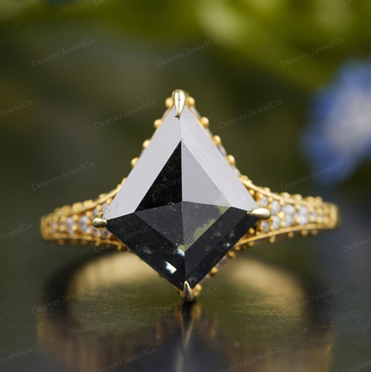Classic Kite Cut Salt & Pepper Diamond Ring, Solid Yellow Gold Wedding Bridal Anniversary Ring For Woman, Promise Her