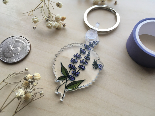 Keychain Lavender & Bee Clear Acrylic Charm Floral Botanical Keyring Cute Keyholder