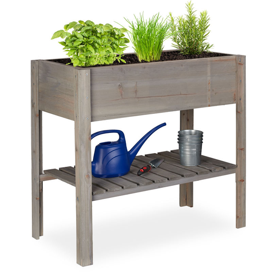 Relaxdays - Wooden Raised Garden Bed, Shelf, Balcony Planter Box, Patio & Garden, hwd 80 x 88 x 43.5 cm, Grey