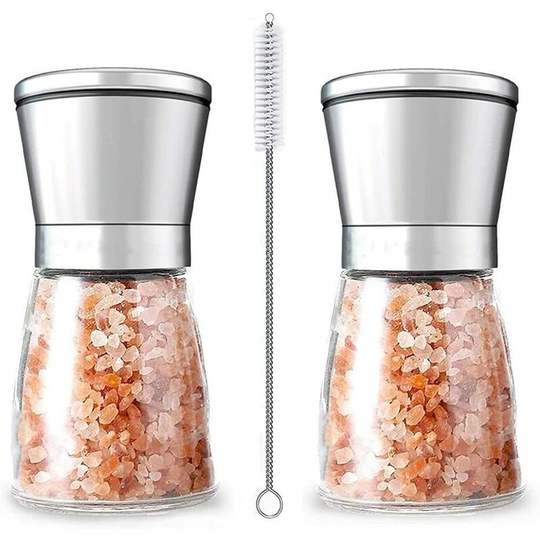 Aougo - Refillable Stainless Steel Salt and Pepper Mill Set - 6oz Glass Salt and Spice Shakers with Adjustable Coarse Pepper Mills - Easy to Clean