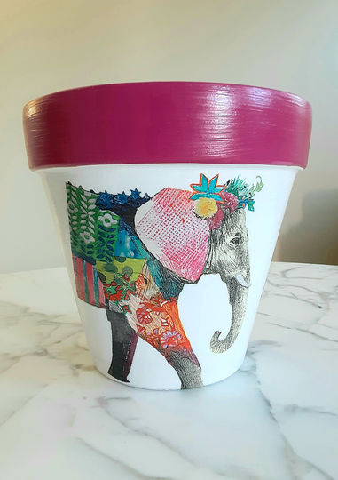Elephant Clay Pot-8 Inch, Terracotta Pot, Decoupage Planter, Indoor Decor