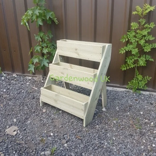 Rustic Wooden 3 Tiered Garden Herb Planter 600mm Wide. Freestanding Ladder Planter. Multi-Level Step Box Trough