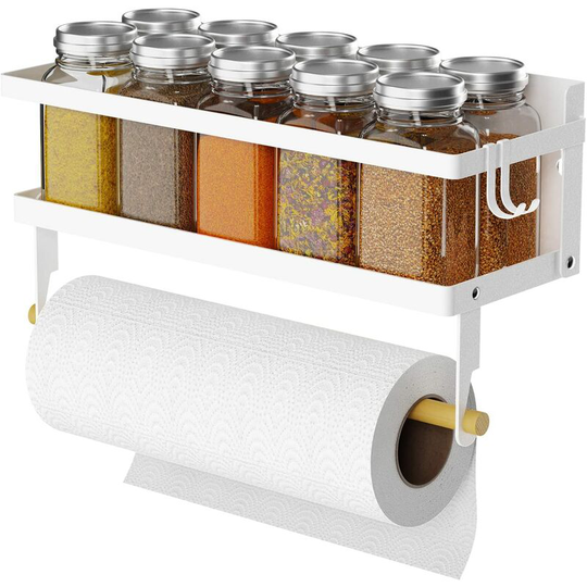 Naxunnn - Spice Rack Magnetic Shelf with Paper Towel Holder Roll and Hooks, Foldable Refrigerator Magnetic Spice Holder, Wall Mounted Seasoning