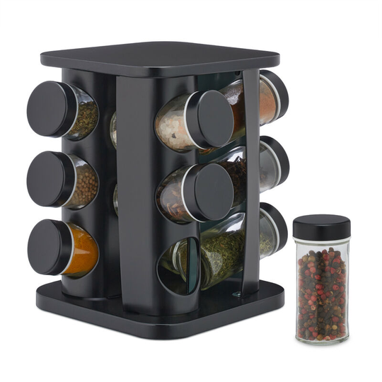 Relaxdays Spice Rack, 12 Glass Jars, Rotatable, Stainless Steel, H x D: approx. 22 x 20 cm, Black