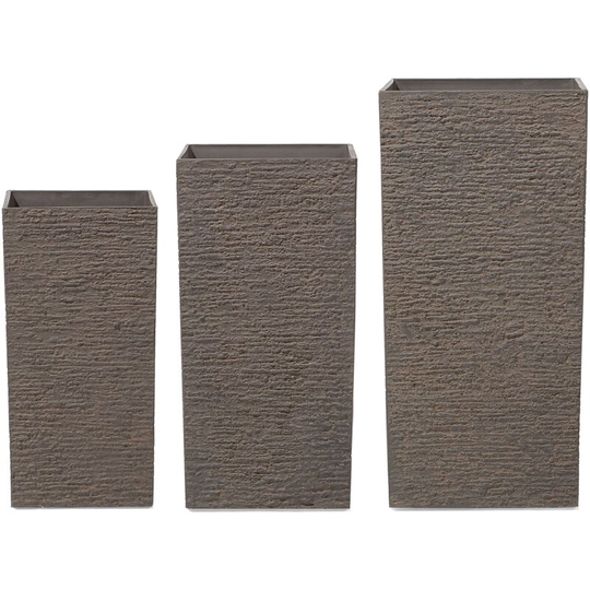 Set of 3 Flower Planters Tall Stone Gardening Pots Indoor Outdoor Brown Gaza - Brown