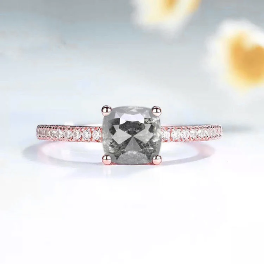 Cushion Cut Salt & Pepper Diamond Art Deco Engagement Ring | Bespoke Bridal 9K/14K/18K Rose, White, Yellow Gold