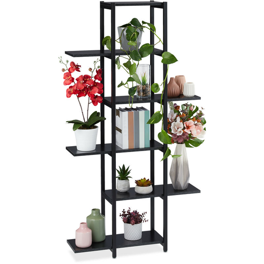 Relaxdays - Large Plant Stand, Modern Pot Holder with 6 Tiers, 150 x 78 x 24 cm, Black Metal Frame, mdf Shelving, Black