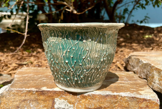 Line/Dot Textured Green Planter. Wheel Thrown Ceramic Stoneware. Slip Trial Design & Hand Painted Glaze Made in Usa Drainage Hole