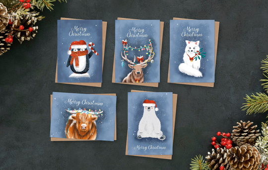 Cute Winter Animals Christmas Cards, Luxury Snow Seasonal Blue Frosty Festive Polar Bear, Reindeer