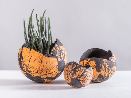 Set Of 3 Orange & Black Ceramic Planters, Indoor Cactus Planter Pot Set, Eclectic Boho Chic Decor