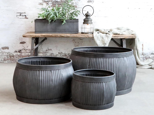 Large Round Metal Dolly Tub With Grooves, Outdoors Garden Planter, Grey Ribbed Plant Pot, Extra Pots Black, Inside Or Out