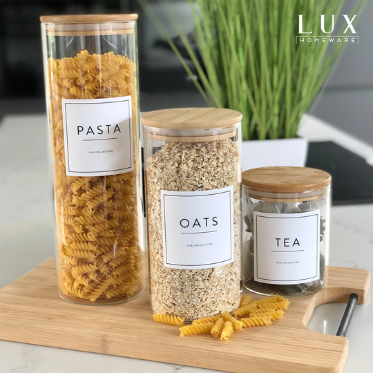 Reusable Bamboo Lid Glass Storage Jars Personalised Waterproof White Label Kitchen Pantry Containers Herbs Spices Food Labelled
