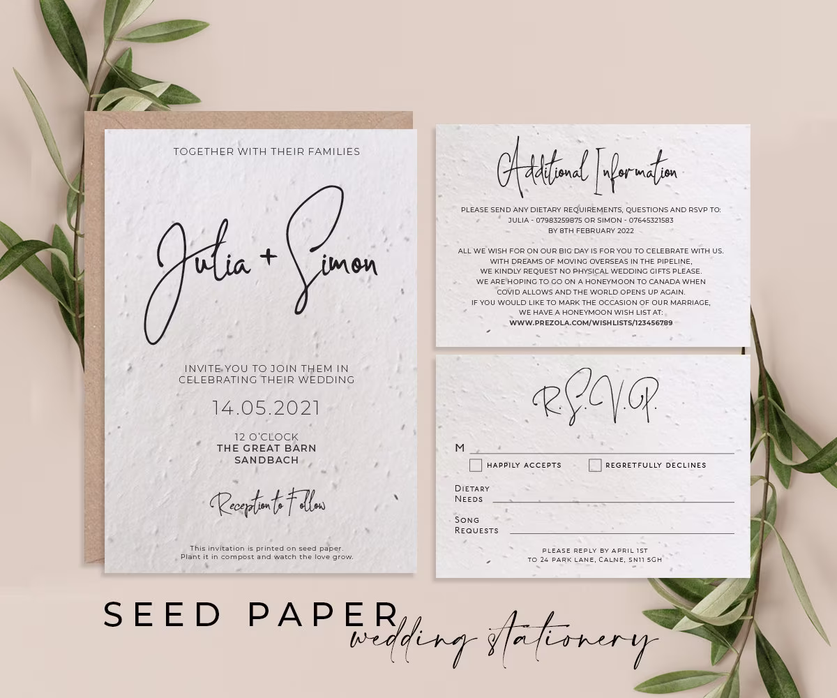 Plantable Seed Paper Eco-Friendly Sustainable Biodegradable Wedding Invitation - Signature