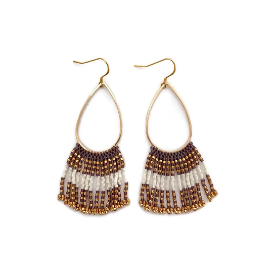 Oval Fringe Seed Bead Earrings, Purple Turquoise Gold Earrings