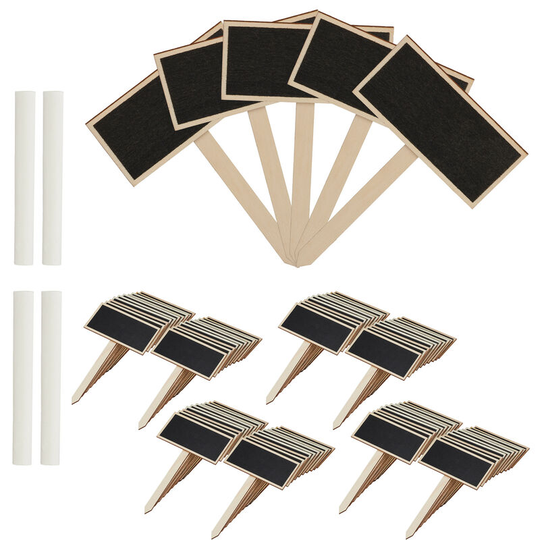 Plant Labels With Blackboard & Stick, Pack of 96, Flower & Herb Pots Labelling Tags, HxW 14x9cm, Wood, Natural - Relaxdays