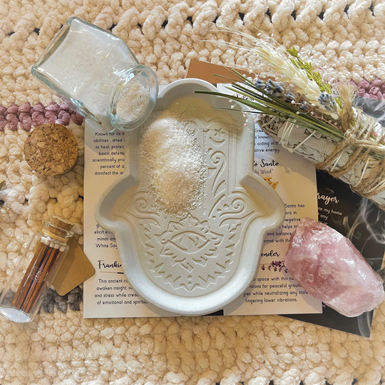 White Sage Smudge Kit, Home Cleansing & Purification, Lavender, Sweet Grass, Hamsa Hand Dish, Sacred Sand, Rose Quartz Stone, Meditation Kit
