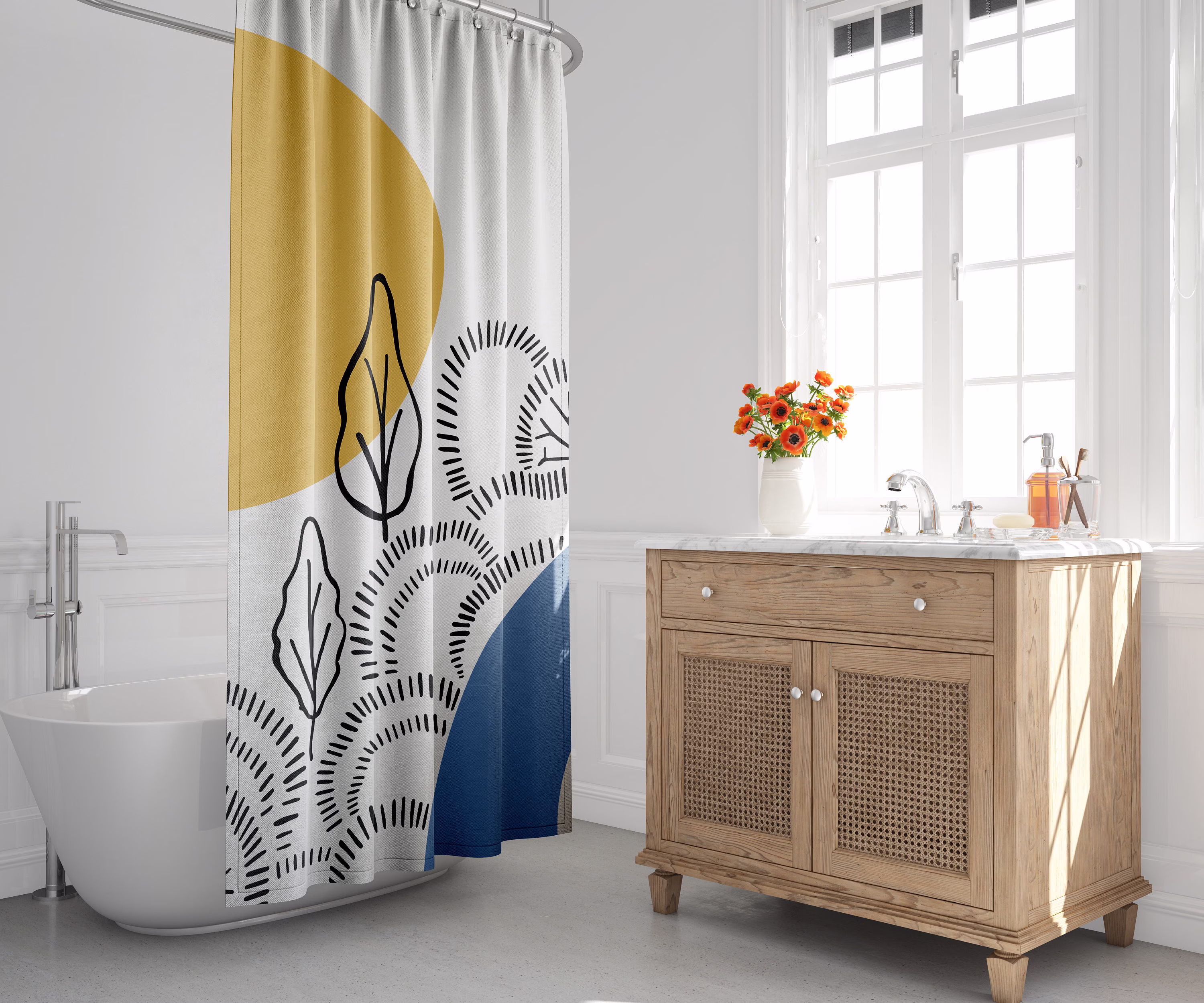 Mid-Century Modern Shower Curtain, Boho Bath Minimalist, Abstract, Floral, Landscape, Garden, Plants, Foliage, Decor