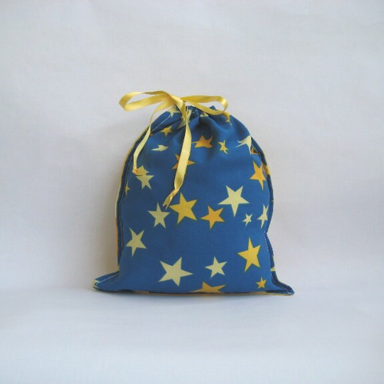 Stars Drawstring Bag, Cotton Fabric Pouch, Reusable Bag Navy Blue Yellow, Upcycled Country Style Gift Eco Friendly Striped 10 X 12