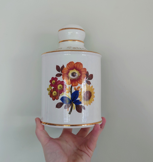 Vintage Ceramic Bath Salts Toilet Roll Holder Paper Pot Bathroom Décor Vintage Floral Scene