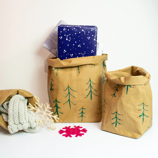 Hand Painted Christmas Tree Paper Planter, Washable Bag Christmas Sack, Tree Plant Pot
