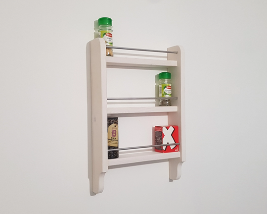 Spice Rack White Dyed 3 Shelf Wall Mountable Kitchen Storage Cup Mug Utensil Hooks