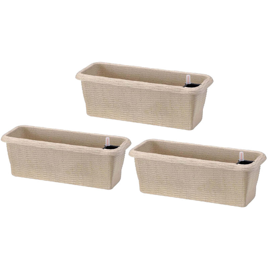 Straw - Set of 3 self-watering planters for indoor and outdoor use. Set of 3 flower boxes 40x20x17,5h with self-watering system antique colour