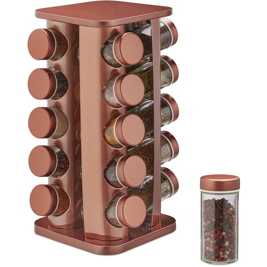 Spice Rack, 20 Glass Jars, Rotatable, Stainless Steel, h x w x d: approx. 34 x 20 x 20 cm, Copper - Relaxdays