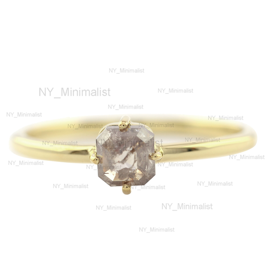 Square Salt & Pepper Gray Diamond Ring Solid 14K Yellow Gold Jewelry Handmade Fine Minimalist Four Prong Set Rough