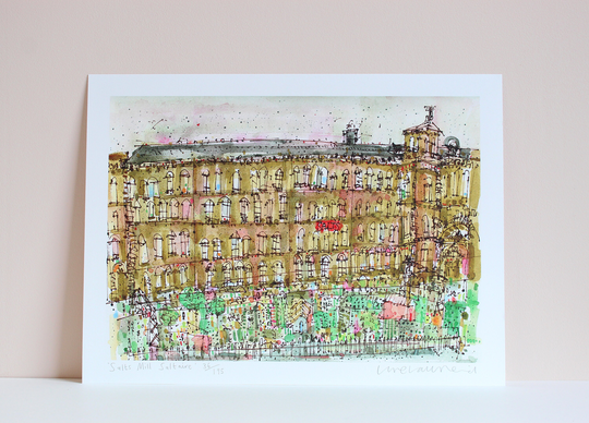Salts Mill Print, Saltaire Watercolour, Yorkshire Signed Limited Edition, Bradford Sketch, Pen Drawing, Buildings, Clare Caulfield