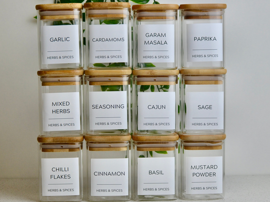 Set Of 12 Square Spice Jars With Spice Jar Label Pantry Organisation Eco Storage Jars Cupboard Tidy Personalised Clean Living