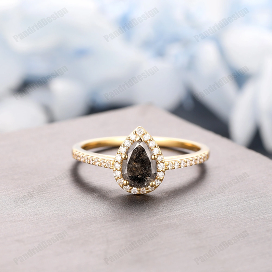 Teardrop Shaped Pear Salt & Pepper Diamond Anniversary Gift Ring, Natural Black Engagement Wedding Ring, Salt & Ring